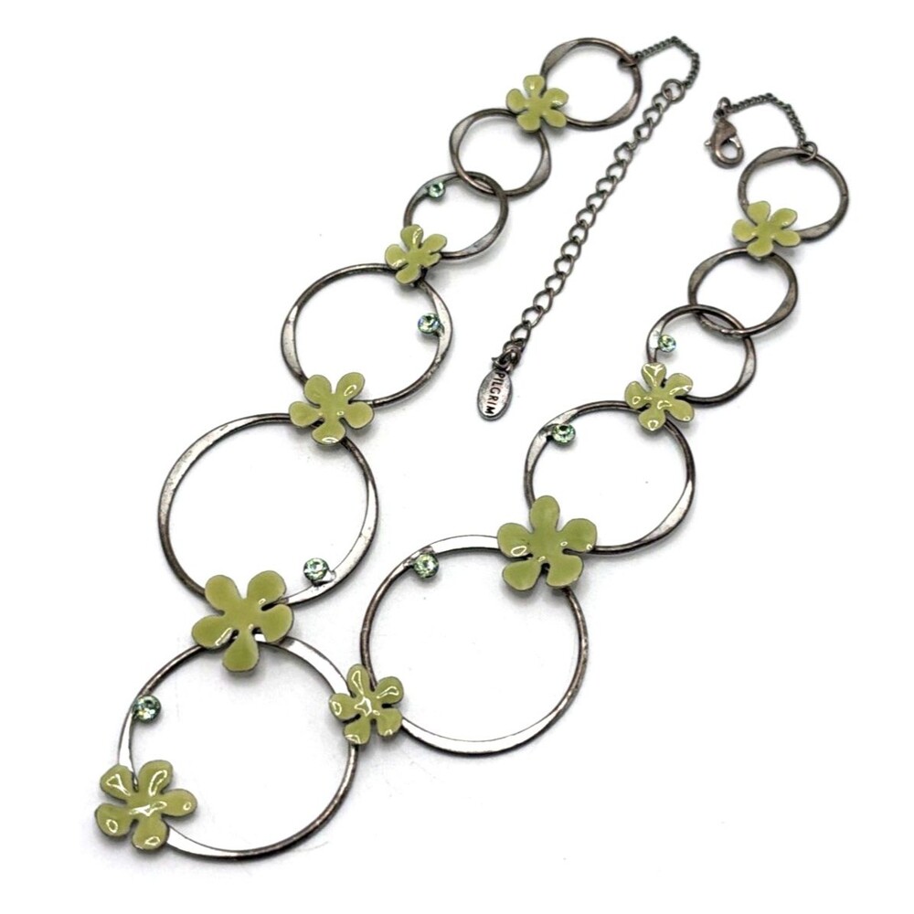 Pilgrim Danish Design Floral Necklace Pewter Tone Rings & Green Crystal Accents